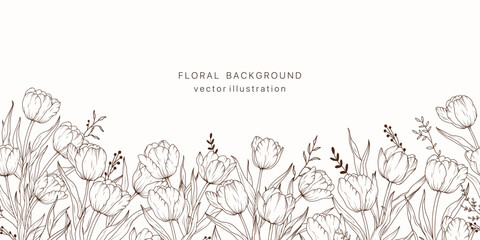 Tulip flower line art seamless border background. Floral tulips plant leaf frame design card. Summer vintage bouquet luxury pattern. Vector illustration nature spring wedging card