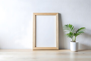Scandinavian interior with photo frame mockup and plant. Modern home decor. Minimalistic concept. Sample. Empty.