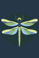 A minimalist illustration of a dragonfly with green and blue wings against a dark blue background.