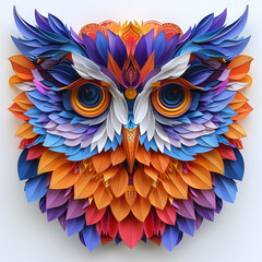 Obraz premium Colorful paper art owl with intricate feather details and floral embellishments isolated on a white background 