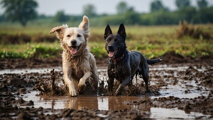 playful dogs enjoying the mud outdoors, pets having fun in the dirt outside