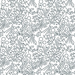 Seamless abstract geometic pattern. Blue, white. Illustration. Circles, lines, polygons, ovals. Design for textile fabrics, wrapping paper, background, wallpaper, cover.