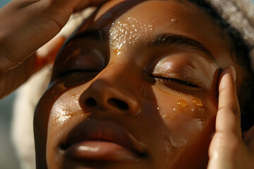 A close-up of a person's hands massaging a luxurious facial oil into their skin, promoting hydration and glow, skincare routine 