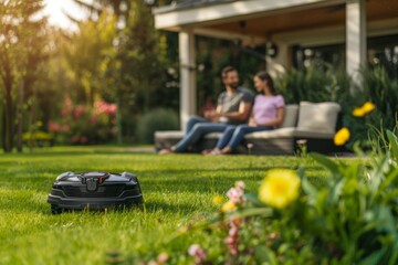 The whirring sound of the robot lawn mower was a comfort background noise to the couple sitting on their patio
