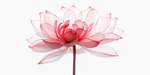 A single pink lotus flower with delicate petals blooms against a minimalist white background.