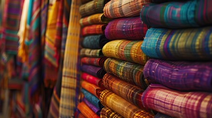 Colorful Stack of Folded Textiles and Fabrics Displayed in Market