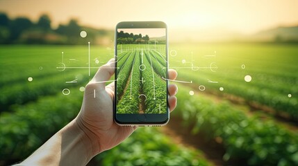 concept of smart farming in agriculture industry, mobile phone with agriculture technology application and farming environment,