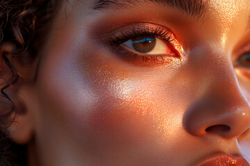 A close-up of a woman's face with a radiant highlighter application, capturing the glow and shimmer, beauty and makeup focus 