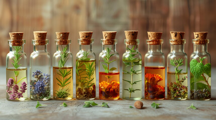 Glass bottles with medicinal herbs