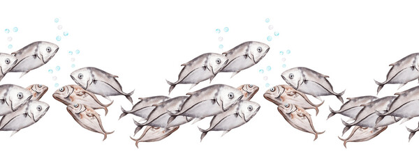 School of fishes seamless banner. Coral reef tropical fish swimming together. Hand drawn watercolor illustration isolated on transparent background. Endless border for cards, tapes and ribbons.