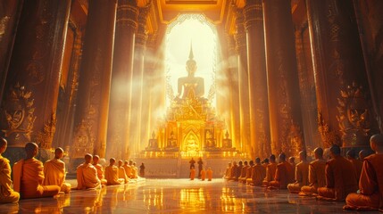 Monks Praying in Ornate Golden Temple with Sunlight