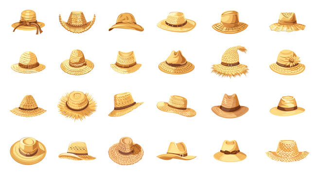 Cartoon Straw headwear icon set. Simple vector straw hats straw hat designs straw hat illustrations summer headwear beach accessories sun hats cartoon headwear summer fashion