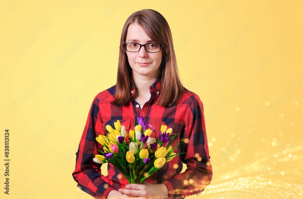 Sticker Beautiful young happy woman with fresh bouquet