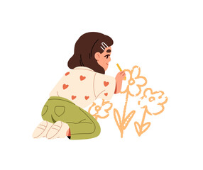 Cute little girl kneeling and drawing doodle flowers with chalk back view. Creative kid with crayon in hand painting on the wall. Child creates freehand art. Flat isolated vector illustration on white
