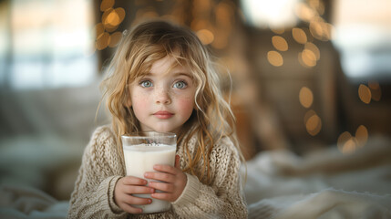 little girl with glass of tasty milk