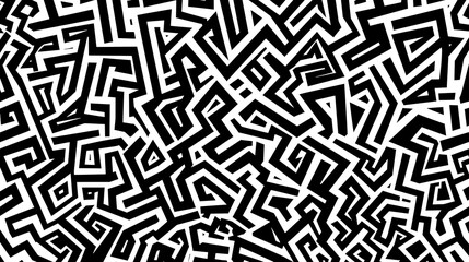 A complex abstract pattern with an interlocking maze of lines in black and white