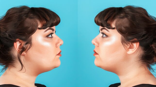 Here's a woman before and after her jawline surgery, submental liposuction, and buccal fat removal procedure for a plastic surgery promotion.