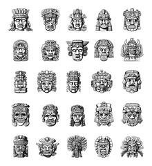 Doodle set of Mayan totem symbols. Simple vector on white background. Hand-drawn icons of ancient Mayan culture Tribal totem illustrations Traditional symbols collection