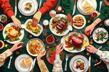 Top-down illustration of a festive holiday dinner with hands reaching for food