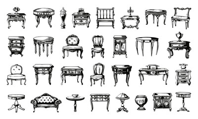 Naklejka premium Doodle Style Antique Victorian Furniture Garnishes Icons Set. Hand Drawn Simple Black Icons on White Background. Sketch Illustrations of Vintage Furniture Decorations