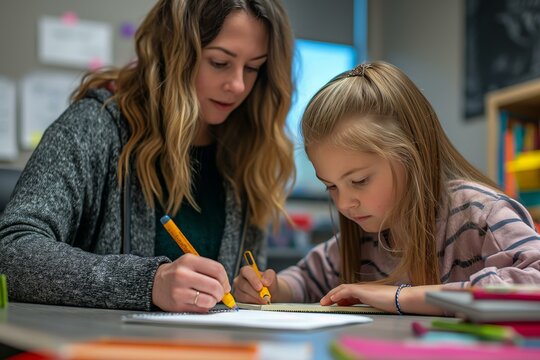 teacher or tutor helping a student with homework, cozy and inviting, neutral tones with pops of color