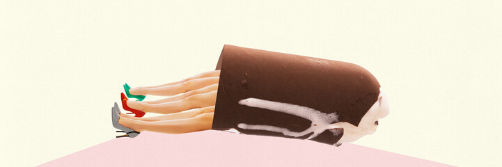 Female legs in colorful heels appearing from melting ice cream on light background. Banner. Contemporary art collage. Concept of summer, vacation, relaxation, travelling. Creative design. Retro style