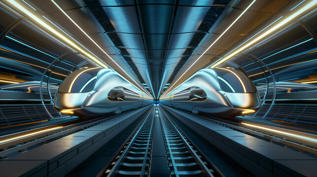 Futuristic Transportation System Featuring Hyperloop Trains with Sleek Design and High-Speed Travel for Efficient Urban Mobility