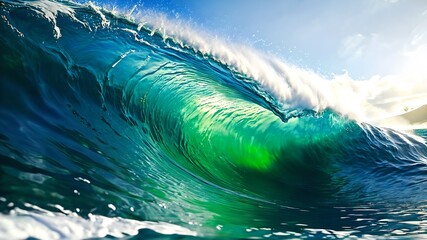 A naturalistic image capturing the calm and power of nature with a large barrel of ocean waves at sunset, suitable for travel, nature and surfing related content, in a layout with copy space