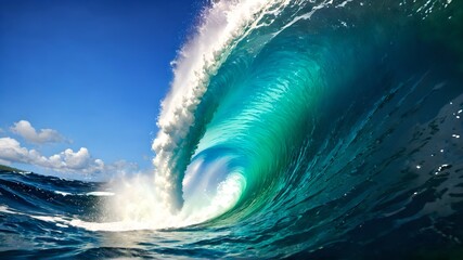 Obraz premium A naturalistic image capturing the calm and power of nature with a large barrel of ocean waves at sunset, suitable for travel, nature and surfing related content, in a layout with copy space