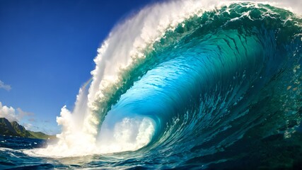 A naturalistic image capturing the calm and power of nature with a large barrel of ocean waves at sunset, suitable for travel, nature and surfing related content, in a layout with copy space