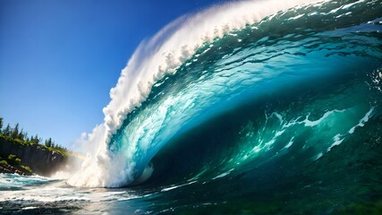 A naturalistic image capturing the calm and power of nature with a large barrel of ocean waves at sunset, suitable for travel, nature and surfing related content, in a layout with copy space