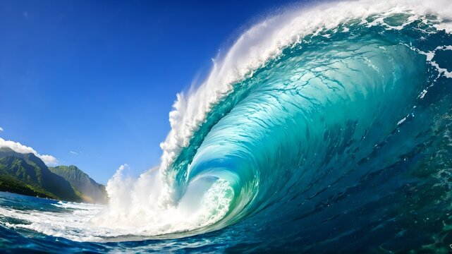 A naturalistic image capturing the calm and power of nature with a large barrel of ocean waves at sunset, suitable for travel, nature and surfing related content, in a layout with copy space