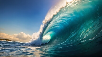 A naturalistic image capturing the calm and power of nature with a large barrel of ocean waves at sunset, suitable for travel, nature and surfing related content, in a layout with copy space