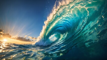 A naturalistic image capturing the calm and power of nature with a large barrel of ocean waves at sunset, suitable for travel, nature and surfing related content, in a layout with copy space