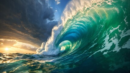 A naturalistic image capturing the calm and power of nature with a large barrel of ocean waves at sunset, suitable for travel, nature and surfing related content, in a layout with copy space
