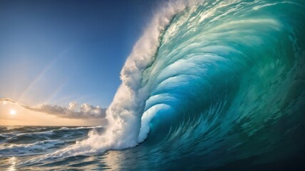 A naturalistic image capturing the calm and power of nature with a large barrel of ocean waves at sunset, suitable for travel, nature and surfing related content, in a layout with copy space