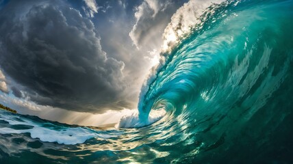 A naturalistic image capturing the calm and power of nature with a large barrel of ocean waves at sunset, suitable for travel, nature and surfing related content, in a layout with copy space