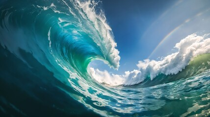 A naturalistic image capturing the calm and power of nature with a large barrel of ocean waves at sunset, suitable for travel, nature and surfing related content, in a layout with copy space