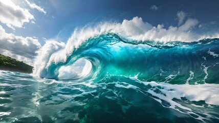 A naturalistic image capturing the calm and power of nature with a large barrel of ocean waves at sunset, suitable for travel, nature and surfing related content, in a layout with copy space