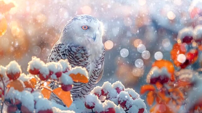 white owl  Christmas. Background in white snow with landscape home Christmas red and yellow tones. seamless looping time-lapse virtual 4k video animation