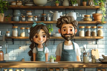 A stylized depiction of a couple standing in a well-equipped rustic kitchen with blurred faces