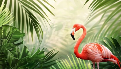 Fototapeta premium An isolated pink flamingo set against a tropical palm leaf background