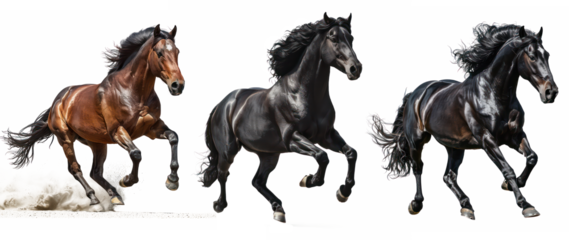 Set of Powerful Horse Stallion Running with Flowing Mane, Isolated on Transparent Background