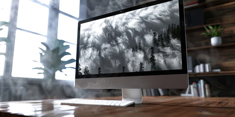 Fototapeta premium The Misty Grey Maze of Data. A computer monitor immersed in a foggy grey haze, creating a dreamy atmosphere on an organic, wooden desk