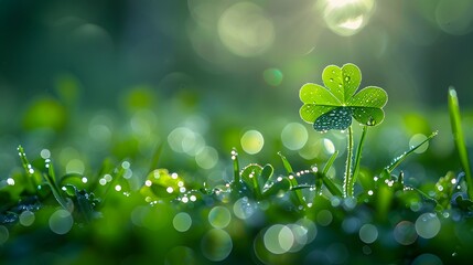 A single four-leaf clover growing in the grass symbolizes good fortune and luck on St. Patrick's Day. The background is blurred to emphasize the clovers.