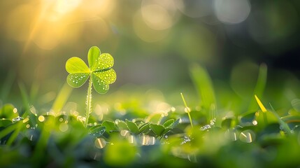A single four-leaf clover growing in the grass symbolizes good fortune and luck on St. Patrick's Day. The background is blurred to emphasize the clovers.