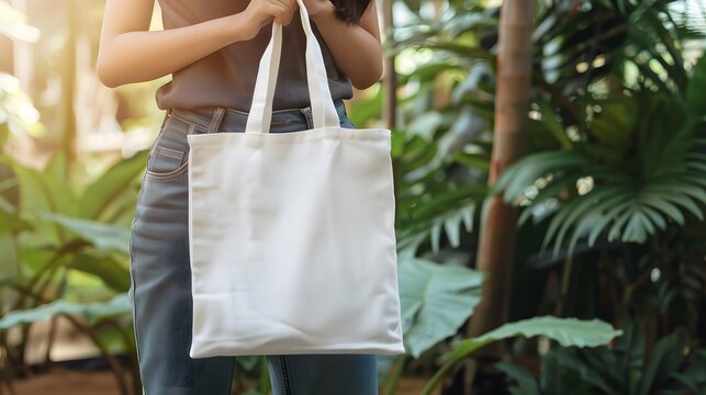 Blank white tote bag canvas fabric with handle mock up design. Close up of woman holding eco or reusable shopping bag against blue metal wall. No plastic bag and ecology concept.