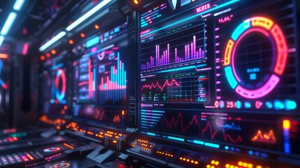 Futuristic holographic display showcasing business analytics with floating graphs and charts in a modern workspace