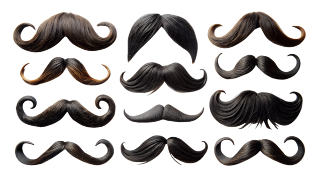 set of different mustache styles, arranged in rows over a white background. Each mustache has a different shape, size and curvature