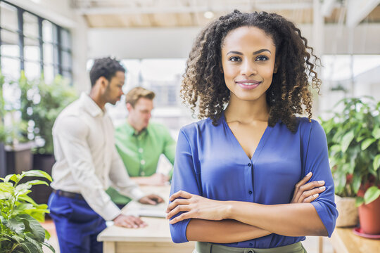Mujer negra de brazos cruzados y camisa azul. Chica de negocios sobre fondo con gente hablando. Reun&oacute;n de trabajo.